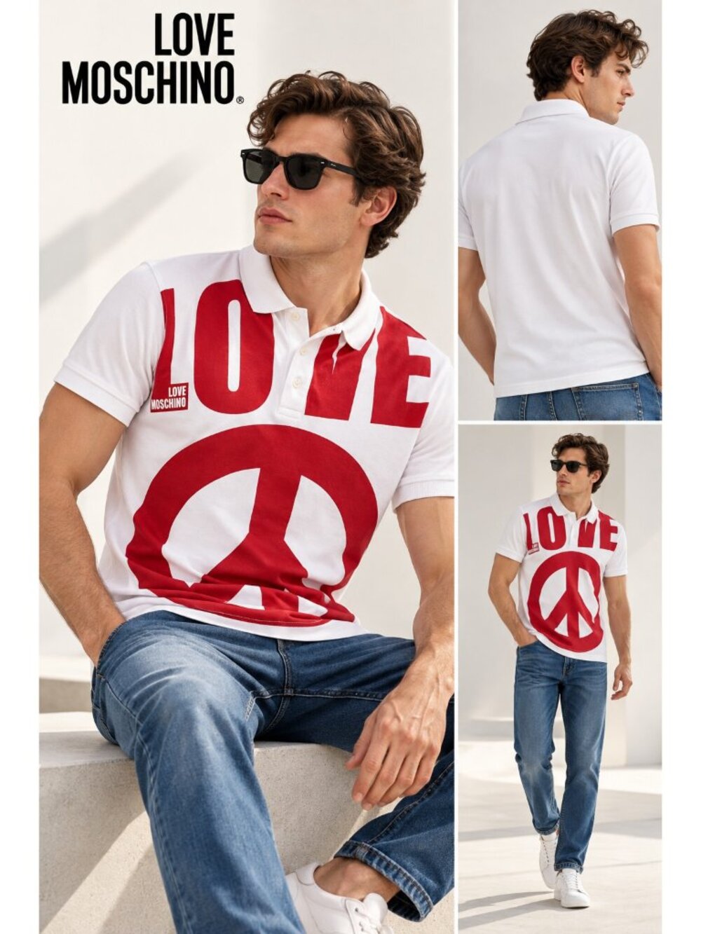Love Moschino Men's LOVE Peace Sign Graphic Polo Shirt White Red M